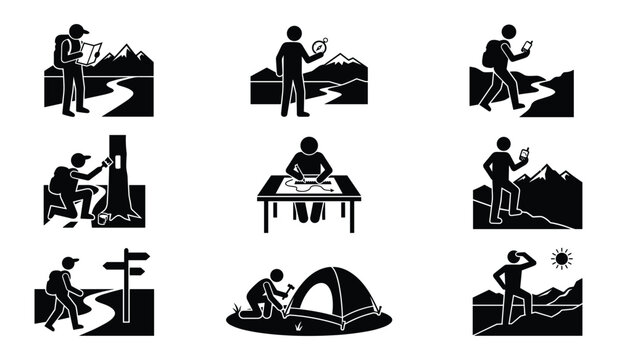Minimalist navigation and hiking icons showing map reading trail markers and tent setup