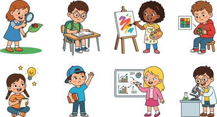 Fototapeta premium Kids Learning Skills Activity Set with Science Art Problem Solving and Education Vector