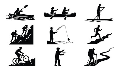 Set of adventure sports icons including kayaking canoeing paddleboarding mountain biking trail running © MdJamil