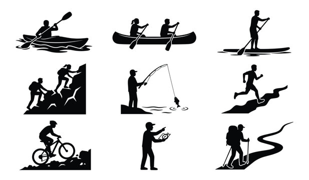 Set of adventure sports icons including kayaking canoeing paddleboarding mountain biking trail running