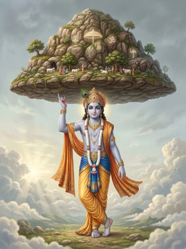 Lord Krishna Lifting Govardhan Hill on His Little Finger to Protect the People of Vraja During the Sacred Govardhan Dharana Leela from Bhagavata Purana