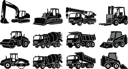 Heavy construction machinery and vehicles black silhouette icons set including excavator bulldozer dumper truck concrete mixer and forklift © MstRehna