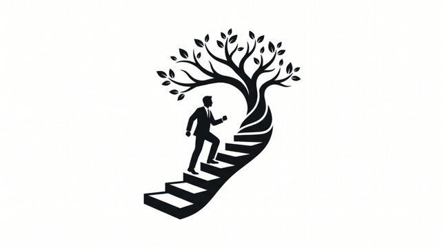 Businessman climbs a stylized staircase that transforms into the canopy of a growing tree representing professional development and career growth.