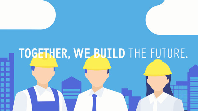 Vector illustration of construction workers with yellow hard hats against a blue and grey cityscape architects