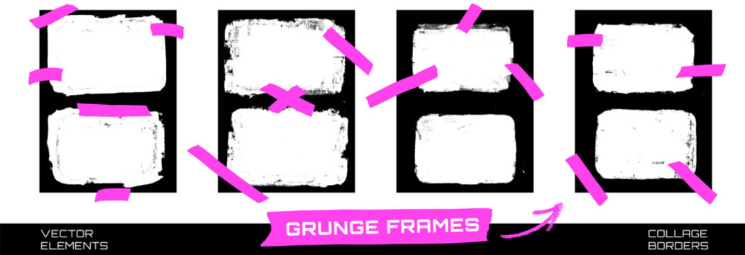 Photo frames with tape and sticker scrapbook borders with worn paint edge for grunge collage. Rough rectangle boarder and distress paper element. Vector photo collage set with tape as zine layout
