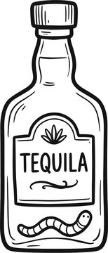Tequila bottle with label hand drawn black and white line art illustration