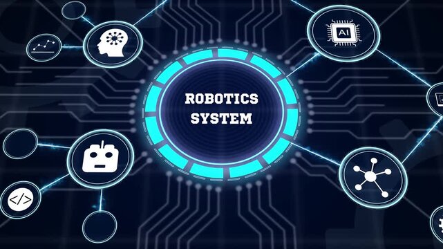 Robotics system concept background displaying autonomous machine icons and futuristic electronic circuit paths with artificial intelligence network lines.