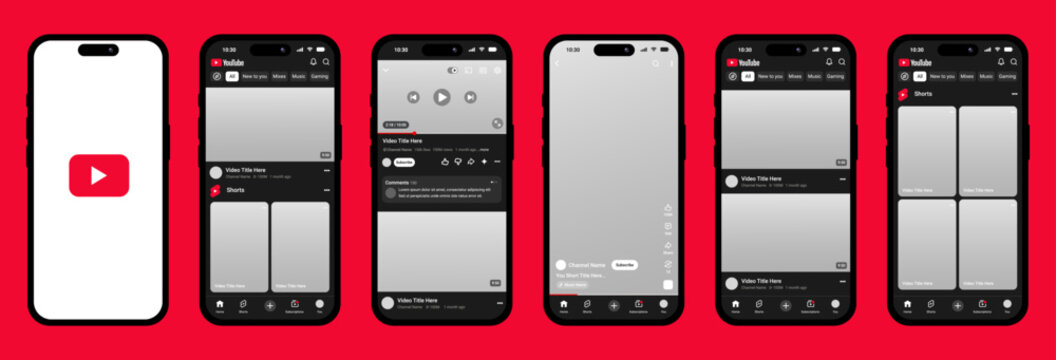 YouTube Dark Mode Mobile App UI UX Interface, iPhone Smartphone Screen Mockup, Video Streaming Social Media Application Layout with Shorts Feed Logo Icon Vector