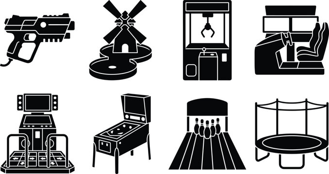Arcade game and amusement icon set featuring pinball machine mini golf claw crane bowling lane and trampoline vector silhouettes