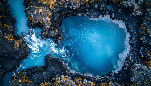 Abstrakte Luftaufnahme von oben auf nat&uuml;rliche Thermalwasserbecken in einer Basaltebene, tiefblaues Wasser im Kontrast zu dunkelgrauen vulkanischen Felskonturen