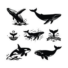 Set of black silhouettes of whales with text save the whales and earth globe © ADURI