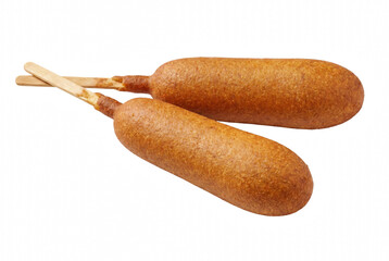 Two golden brown corn dogs on wooden sticks © Nadira