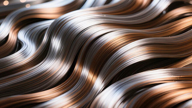 Abstract texture of wavy shiny metallic wires in silver and bronze copper colors arranged in parallel rows