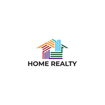 Modern home logo featuring colorful geometric lines forming a house shape. The minimalist vector design symbolizes unity, growth, creativity, and reliable real estate services