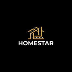 Fototapeta premium Modern abstract logo featuring a geometric house outline decorated with sparkling stars. The minimalist vector design symbolizes quality, comfort, excellence, and dream homes