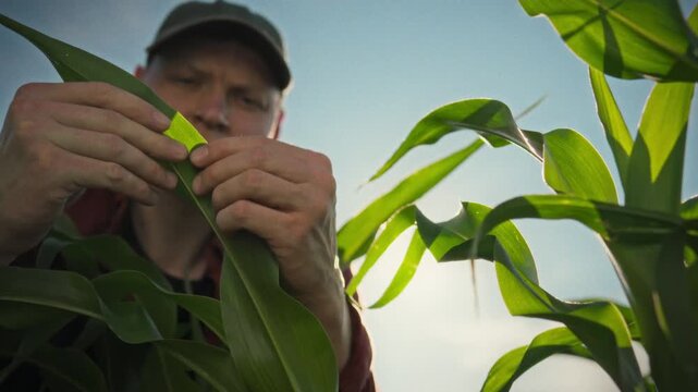 Close-up of hands examining leaves and ears of corn in a field. A farmer wearing a cap is visible in the blurred background. The topic is professional agribusiness and grain crop monitoring