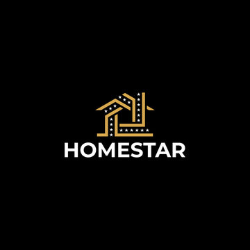 Modern abstract logo featuring a geometric house outline decorated with sparkling stars. The minimalist vector design symbolizes quality, comfort, excellence, and dream homes