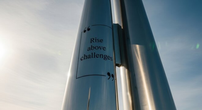 Sunlight Glinting Off Polished Metal Sculpture with Quote