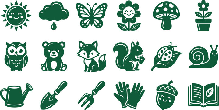 Green comic style of nature, animals, plants, and environmental themes