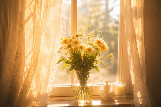 Wild Daisy Bouquet by Sunlit Window with Cozy Golden Glow