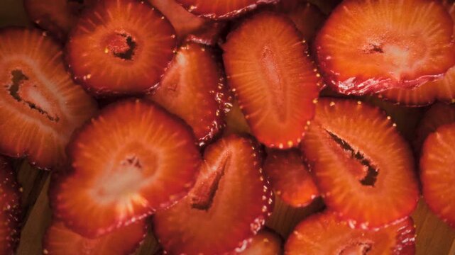 Close-up of sliced strawberries on white plate shows red fruit's interior, each berry segment displaying texture, juicy flesh seed cavities. Diffused light highlights freshness kitchen prep setting