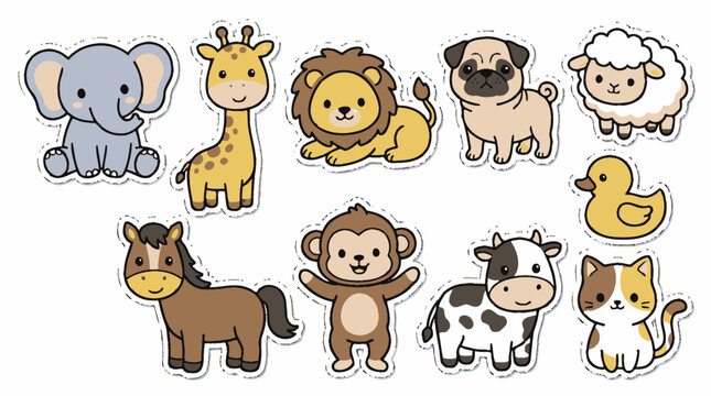 Assorted cartoon animal character stickers with white borders.