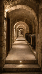 Obraz premium Rustic wine cellar passage with stone archways stair steps wooden barrels stored in dark alcoves basement corridor interior architecture beverage production underground lighting