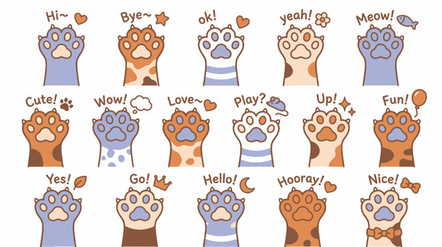 Colorful cat paw icons with English text greeting expressions.
