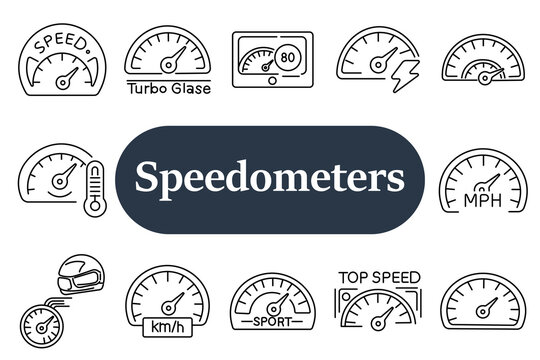 Speedometers set icon. Speed dial with text, turbo gauge, digital panel meter, electric indicator bolt, classic dial, temperature gauge, helmet speed symbol, sport mode dial, top speed indicator