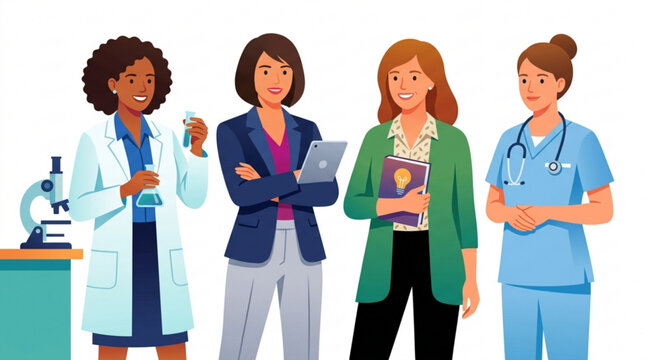 Four diverse women in professional medical and science roles standing together