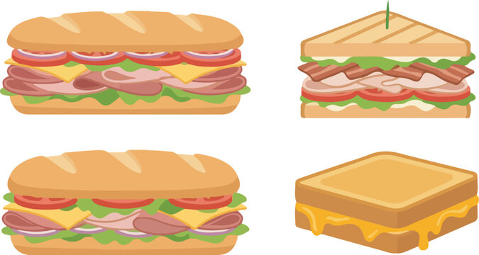 Fresh Submarine And Grilled Cheese Sandwich Set Vector Illustration