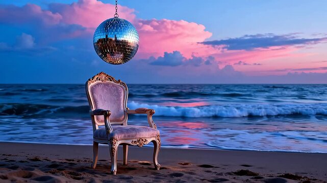 Beach chair with disco ball at sunset