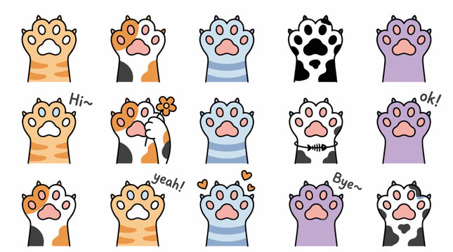 Diverse cat paw illustrations with various fur patterns and text.