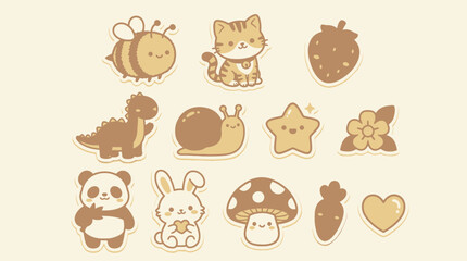 Fototapeta premium Earthy tone kawaii animal and plant sticker set