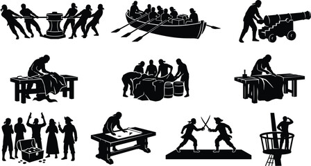 Pirate and sailor crew silhouette icon set including sword fighting treasure map rowing and ship cannon isolated on white background © Sirajul