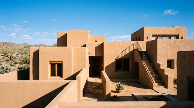 Adobe house displays traditional desert architecture with smooth tan earth-toned walls, a staircase leading to an upper terrace, and native plants under a brilliant, clear blue sky in the desert.