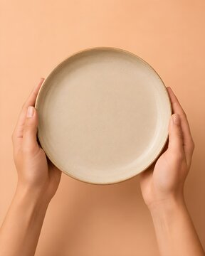 Hands Holding Minimal Ceramic Plate Mockup on Beige Background 
