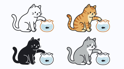 Fototapeta premium Four cats reaching into small fishbowls with goldfish.