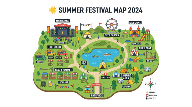 Summer festival  outdoor event Summer festival map, 2024 event layout, colorful illustration, park attractions isolated on White Background Vactor EPS