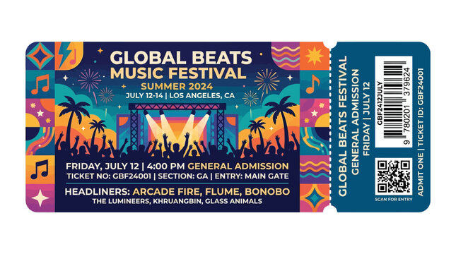 Summer festival  outdoor event concert ticket, music festival pass, event ticket design, colorful festival ticket, summer concert ticket isolated on White Background Vactor EPS