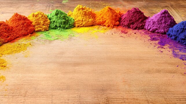 Small Mounds of Colorful Powdered Dyes on Wood Surface