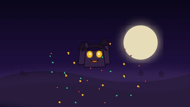 Animated Cute Square Character Floating Under Full Moon with Fireflies.
