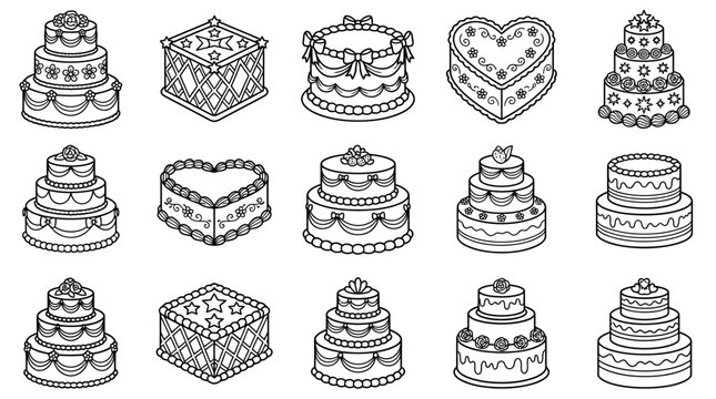 Black‑and‑white vector illustrations of multi‑tiered decorative cakes featuring geometric, floral, and festive patterns for bakery and celebration themes.