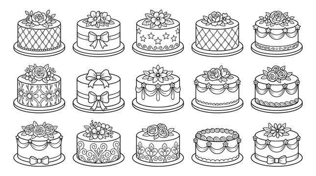 Black‑and‑white vector illustrations of multi‑tiered decorative cakes featuring geometric, floral, and festive patterns for bakery and celebration themes.