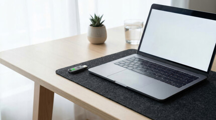 Fototapeta premium Laptop with blank screen on desk with USB flash drive, glass of water, and small potted plant in bright room