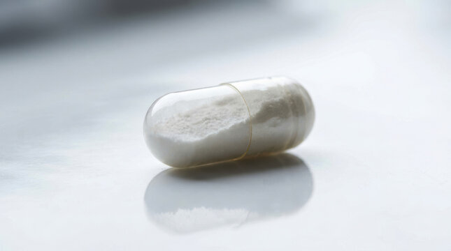 White medicine capsule filled with powder on reflective surface, symbolizing health and treatment in clean environment