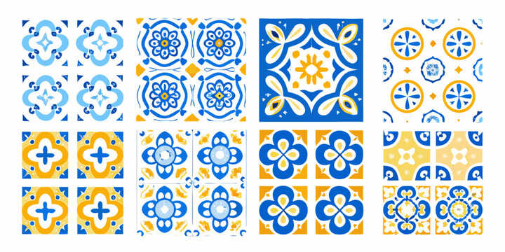 Blue And Yellow Ornamental Patterns Vector Illustration On White Background