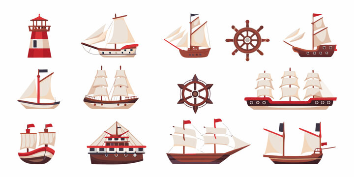 Sailing ships and lighthouse flat vector illustration on a white background
