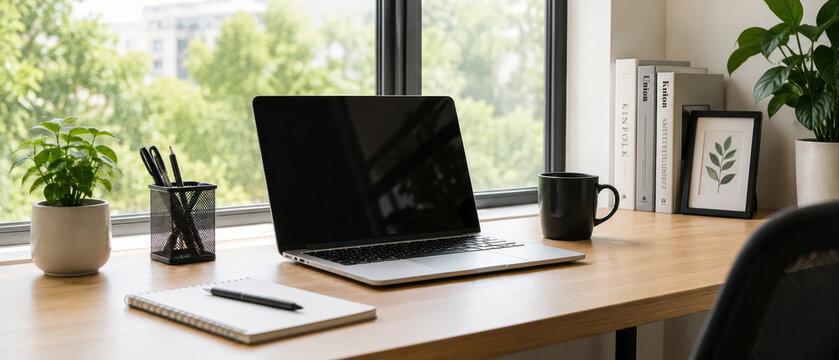 Modern workspace with laptop, notebook, pen, coffee mug, plants, and books on wooden desk by window with natural light