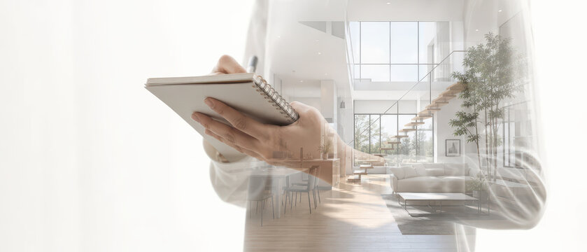 Person writing on notebook with modern living room interior background, creative concept of planning and design